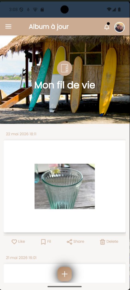 Capture d'écran de l'application Album à jour, montrant le fil de vie avec un moment publié.